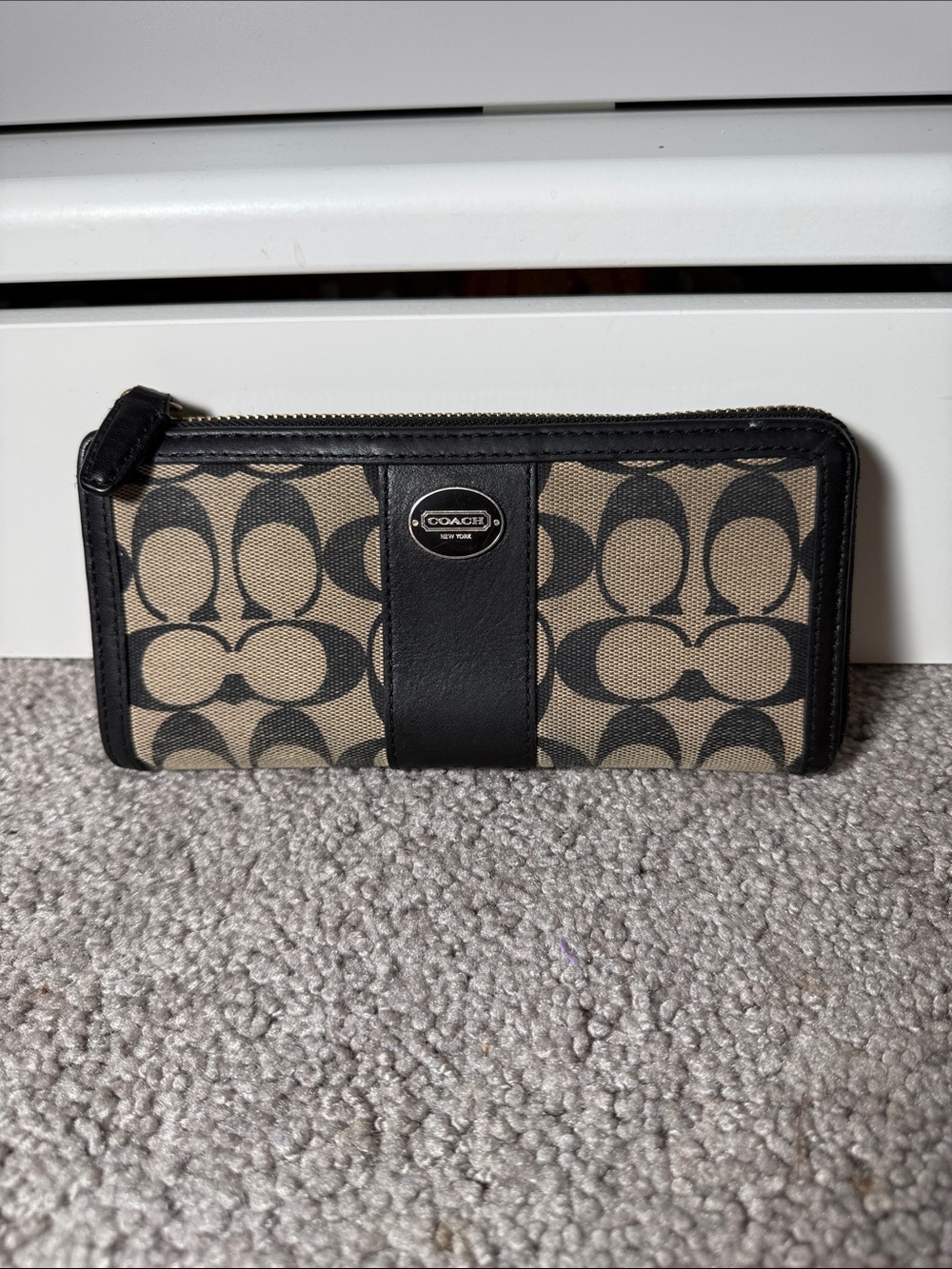 Coach Signature Canvas Zip Wallet in Khaki and Black